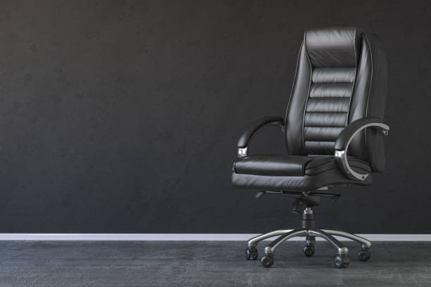 black office chair in black interior with space for text. 3d illustration